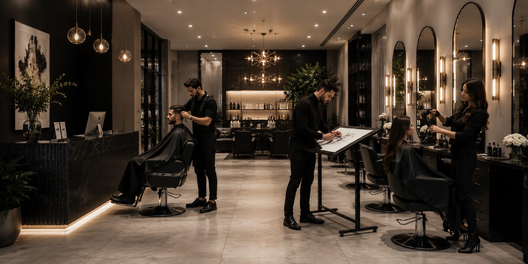 The studio floor at Marlowe and Vine, with stylists working at the chairs